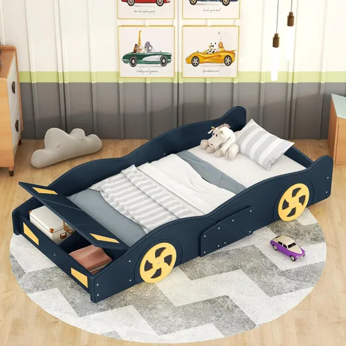 Vista 11 de Cama de plataforma en forma de auto de carreras de tamaño individual con ruedas, plataforma de madera con soporte de listones resistentes y rieles