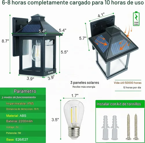 Vista 2 de Lámpara solar de pared para exteriores con 3 modos de iluminación, lámpara LED de montaje de pared del atardecer al amanecer, sensor de movimiento