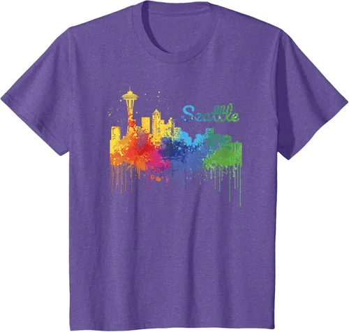 Vista 40 de Seattle Washington Skyline Watercolor Souvenir Seattle Camiseta, Negro