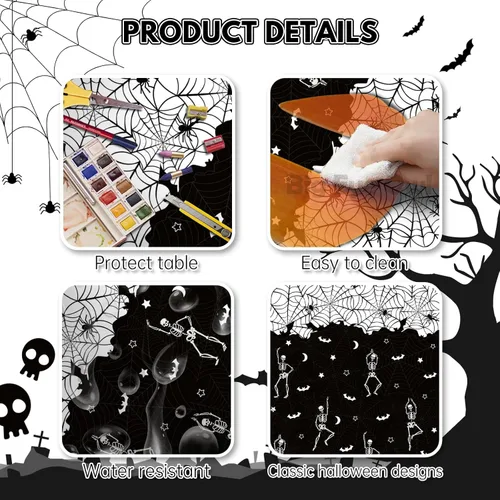 Vista 3 de 3 manteles desechables de Halloween con diseño de calavera y esqueleto, de plástico, color negro, rectangular, de vinilo, para decoración de fiestas