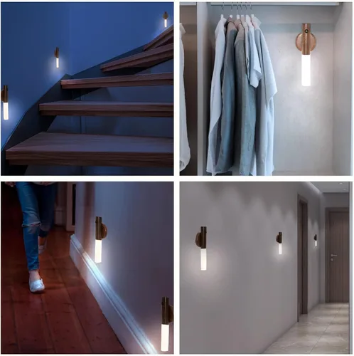 Vista 7 de Apliques de pared, luz nocturna inteligente con sensor portátil, luz nocturna magnética recargable por USB de madera para dormitorio, pasillo