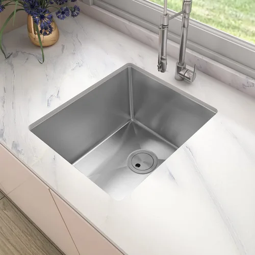 Vista 2 de Sinber HU1517S-S Fregadero de cocina de un solo compartimento bajo encimera de 16" x 18" x 8" con acero inoxidable 304 calibre 18 acabado satinado
