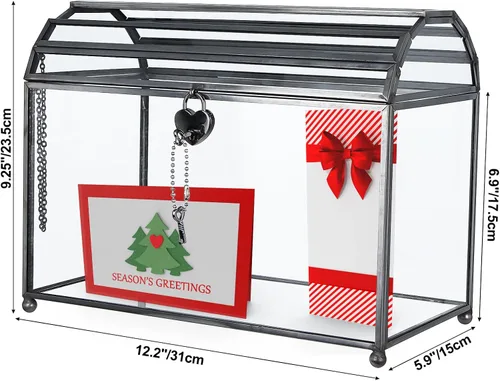 Vista 2 de HighFree Caja grande de cristal para tarjetas de boda de 12.2 pulgadas con ranura y cerradura, terrario geométrico de cobre hecho a mano, caja