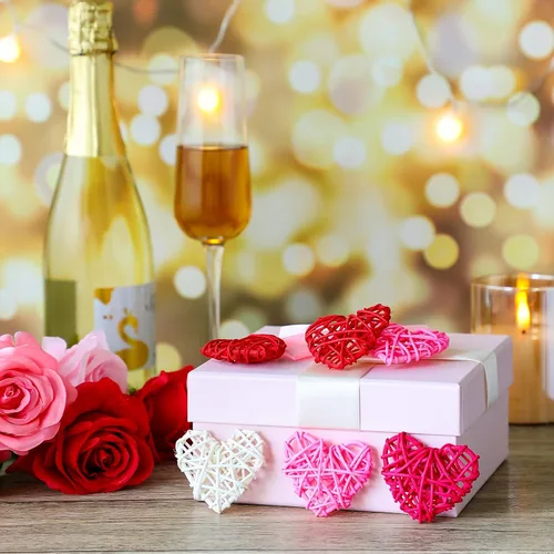 Vista 5 de 24 bolas de ratán en forma de corazón de San Valentín de 2.36 pulgadas, rellenos de tazones de jarrón de corazón, decoración de ratán de mimbre