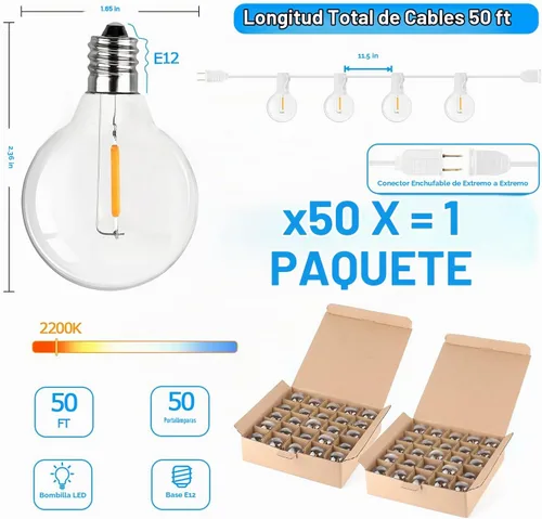 Vista 6 de Luces de Cadena LED G40 Globo de 50 Pies Blancas, Luces de Cadena Irrompibles para Patio Exterior 2200K con 50+2 Bombillas Edison Regulables, Luces