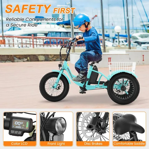 Vista 5 de MOPHOTO Triciclo eléctrico de 16 pulgadas para jóvenes, bicicleta eléctrica Menta cool