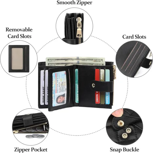 Vista 5 de GAEKEAO Cartera pequeña para mujer, de dos pliegues con bloqueo RFID, estuche para tarjetas de crédito con bolsillo con cremallera, A-Negro, Classic