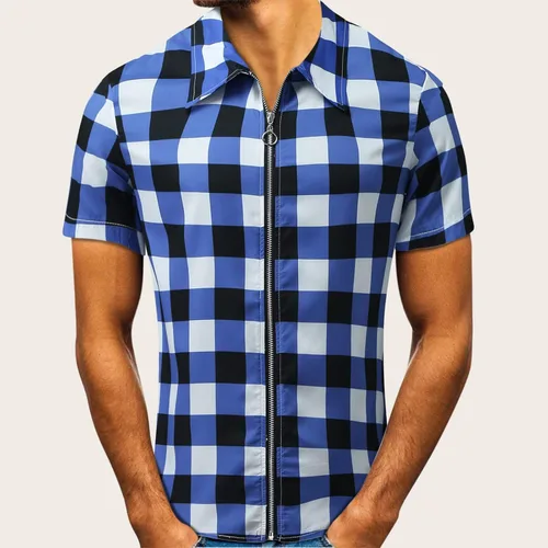 Vista 2 de ZDFER - Camisa hawaiana a cuadros para hombre, manga corta con cremallera de solapa para hombre, camisetas activas, verano, vacaciones, playa
