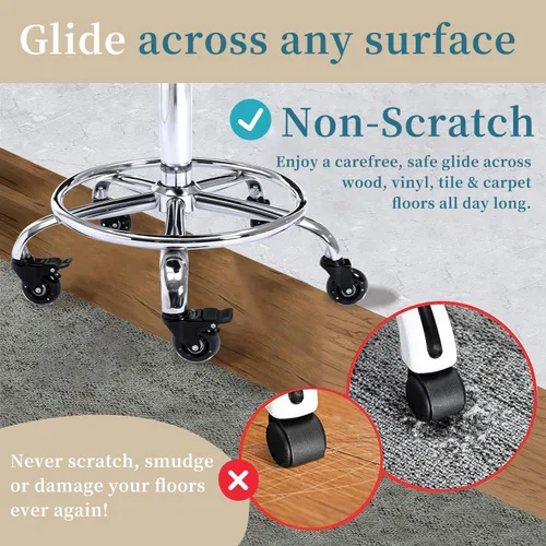Vista 6 de Taburete con ruedas ajustable con asiento extra ancho, ruedas de goma bloqueables y reposapiés, silla giratoria para cocina, laboratorio, oficina