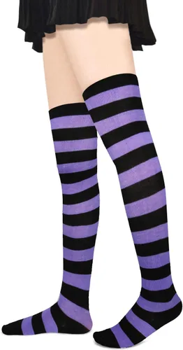 Vista 7 de Benefeet Sox Calcetines altos hasta el muslo a rayas para mujeres y niñas, calcetines altos por encima de la rodilla, calentador de piernas, brazos