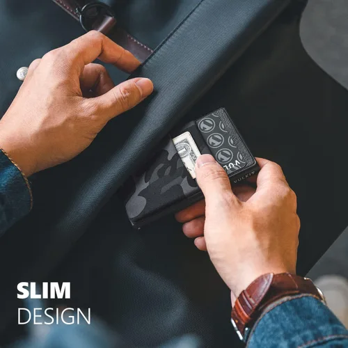 Vista 46 de VULKIT Billetera minimalista con ventana de identificación y bolsillo EDC con bolsillo desplegable para tarjetas de crédito y bloqueo RFID, diseño