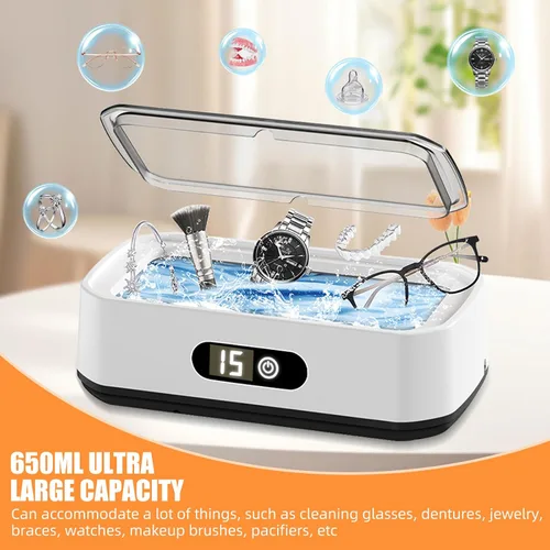 Vista 3 de Máquina de limpieza ultrasónica de 49 kHZ con temporizador digital, acero inoxidable 304, limpiador ultrasónico profundo de 22.0 fl oz para gafas