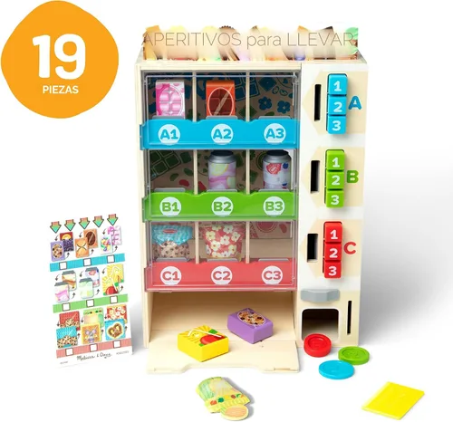 Vista 6 de Melissa & Doug Sort-Stock-Select - Máquina expendedora de madera de juguete con comida para jugar, mini máquina expendedora de juguetes y dinero