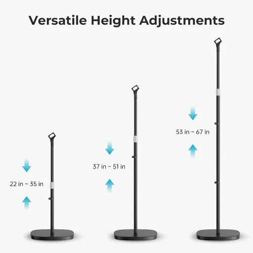 Vista 3 de Soporte para micrófono, soporte de suelo desmontable universal para micrófono con base compacta, altura ajustable de 22 a 67 pulgadas, 2 clips