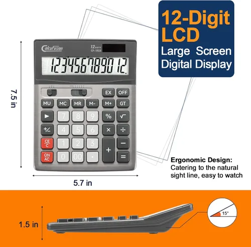 Vista 2 de Calculadora de escritorio de 12 dígitos con pantalla LCD grande, botones grandes, función estándar básica, calculadora solar con batería