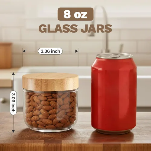 Vista 5 de Bumobum Tarros de vidrio de 8 onzas con tapas, pequeño recipiente de vidrio con tapa hermética de madera de bambú, recipientes de boca ancha