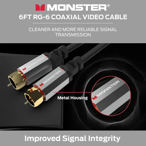 Vista 2 de Monster Essentials - Cable coaxial RG-6 con conector de cable coaxial F-Pin chapado en oro, cable de Internet de alta velocidad con cubierta