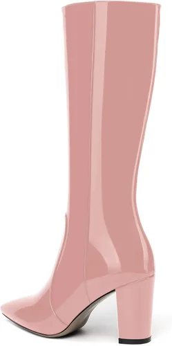 Vista 28 de AMBELIGHT Botas altas hasta la rodilla con cremallera y puntera puntiaguda para mujer, de patente sólida, tacón alto, 3.3 pulgadas