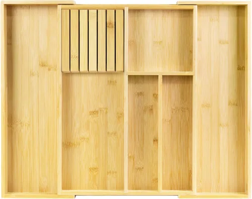 Vista 10 de VaeFae Organizador de cubiertos de bambú, soporte para utensilios para cajón, bandeja de cubiertos de madera con separador para cajón de cocina