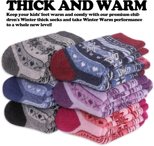 Vista 3 de FNOVCO Kids Merino Wool Hiking Socks Toddlers Boys Girls Cozy Thermal Winter Thick Warm Crew Socks 6 Pairs