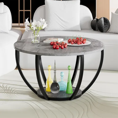 Vista 10 de HOMERECOMMEND Mesa de centro redonda, mesas de centro circulares de madera de 2 niveles con estantes de almacenamiento, mesa central decorativa