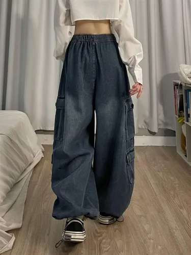 Vista 4 de Pantalones de mezclilla holgados Grunge Y2K Emo Alt Cargo Pant Fairycore Demin Aesthetic Jogger Pantalones de chándal Hiphop Cordón Streetwear