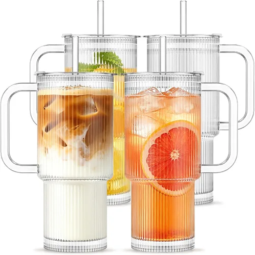 Vista 10 de INSETLAN Vaso de vidrio acanalado de 24 onzas con asa y tapa, paquete de 2 tazas grandes para café helado con pajitas, taza de vidrio moderna