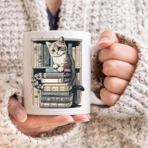 Vista 4 de Taza divertida para amantes de los gatos, tazas de biblioteca para amantes de los gatos y los libros, taza de libros y gatos, artículos