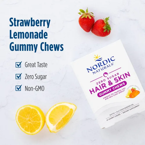 Vista 2 de Nordic Naturals Gomitas masticables para el cabello y la piel sin azúcar, limonada de fresa, 27 gomitas masticables - Biotina + GLA de aceite