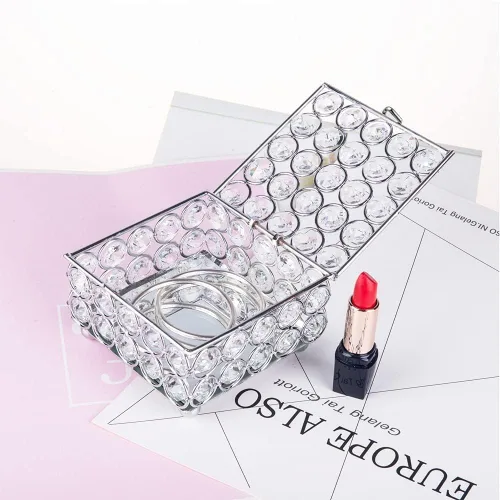 Vista 7 de Feyarl Caja de joyería de cristal, aretes, anillos, organizador del tesoro, caja de recuerdo con tapa para decoración de tocador, habitación