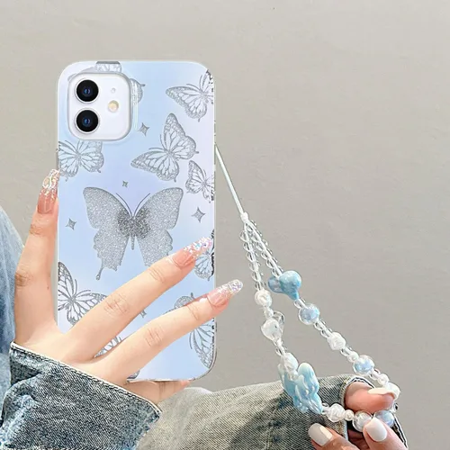 Vista 3 de Abbery - Funda diseñada para iPhone 12/12 Pro con purpurina, transparente y linda con diseño de mariposa, correa para la muñeca, brillante