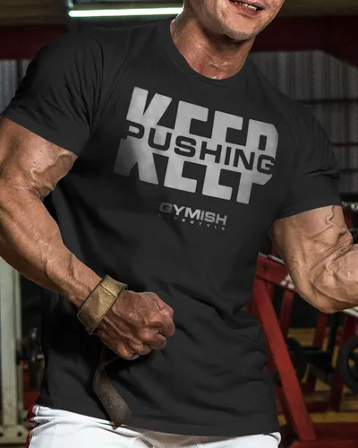 Vista 2 de Camiseta de gimnasio inspiradora con texto en inglés Keep Pushing para empujar tu autoentrenamiento
