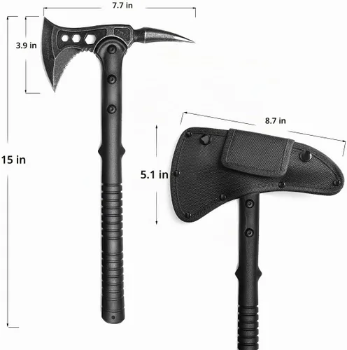 Vista 2 de Hacha de campamento, Tomahawk con pincho, hacha de supervivencia con funda, mango de fibra de nailon para supervivencia al aire libre, senderismo 1