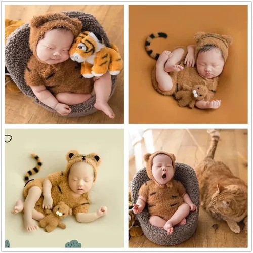 Vista 5 de Accesorios de fotografía para recién nacidos accesorios de fotos para niñas y niños accesorios de fotos para bebés sombrero de tigre mameluco