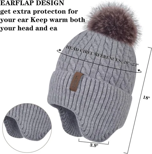 Vista 4 de Gorro de punto con pompón para mujer, gorro de invierno cálido con forro polar para mujer