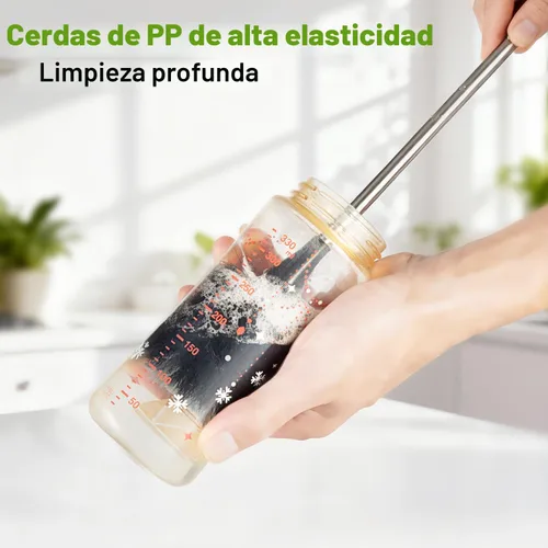 Vista 2 de Paquete de 3 cepillos para botellas, juego de cepillos de limpieza de botellas de agua de mango largo de acero inoxidable que incluye popote