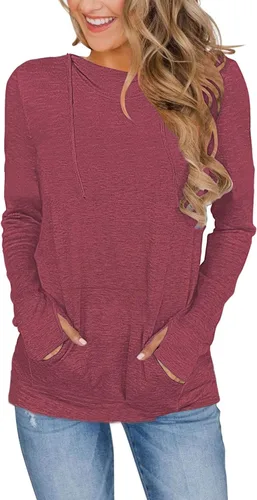 Vista 17 de AUSELILY Womens Long Sleeve Drawstrings Hooded Sweatshirt With Thumb Holes 01-beige