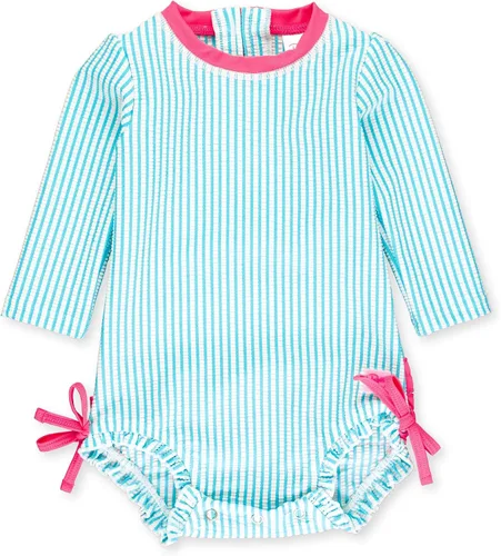 Vista 14 de RuffleButts - Traje de baño de una pieza con mangas largas, de seersucker, con protección solar UPF 50+ para bebé/niñas Seersucker de plátano