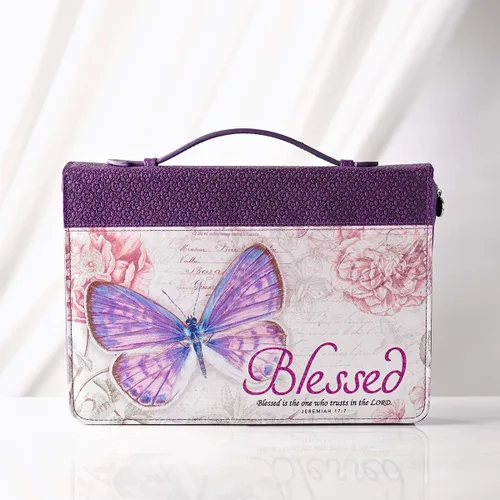 Vista 6 de Funda para Biblia con texto en inglés "Blessed", Jeremiah 17:7, con mariposa, color morado