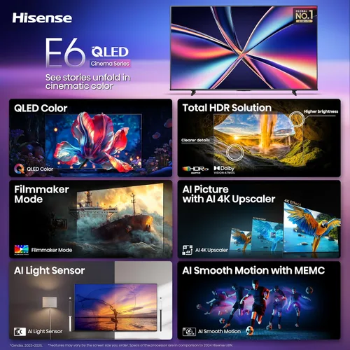 Vista 4 de Hisense 43" Serie E6 Cinema Hi-QLED 4K UHD Smart Fire TV (43E6QF, modelo 2025) - Sensor de luz AI, Dolby Vision · Atmos, control remoto por voz