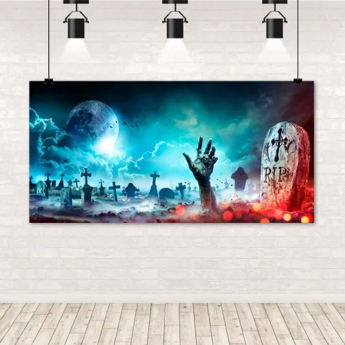 Vista 6 de Telón de fondo de Halloween para fotografía de cementerio de Halloween de 20 x 10 pies, telón de fondo de lápida de calavera aterradora, calabaza