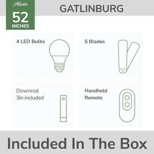 Vista 3 de Hunter Gatlinburg, ventilador de techo, para interiores, 5 aspas, 52 pulgadas, negro mate con luces LED y control remoto, montaje estándar