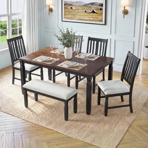 Vista 27 de JIVOIT Farmhouse Style 6-Piece Extendable Dining Table Set for 6 Gris-3
