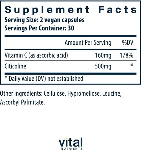 Vista 2 de Vital Nutrients - Citicolina - Enfoque Mental y Atención - 60 Cápsulas Vegetarianas por Botella - 250 mg