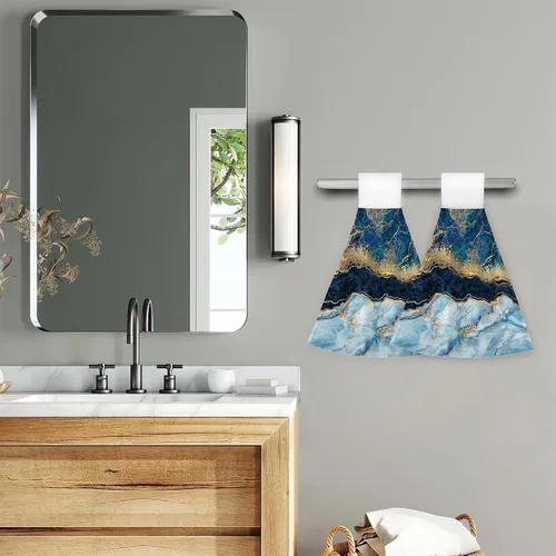 Vista 6 de Juego de 2 toallas de mano de mármol azul dorado con bucle, toallas de secado rápido, toallas suaves para cocina, platos de té, toallas para baño