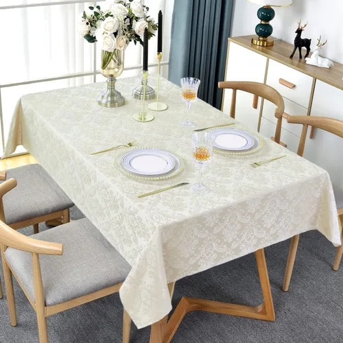Vista 3 de SASTYBALE - Mantel rectangular de 52 x 52 pulgadas de damasco beige crema, diseño jacquard, resistente a las salpicaduras, a las arrugas