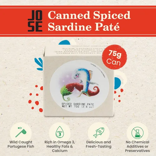 Vista 3 de Paté de sardina especiado enlatado por Jose Gourmet, Sardinas portuguesas capturadas en la naturaleza, Paté de pescado enlatado, Omega 3, Comercio