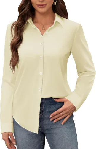 Vista 33 de Siliteelon - Camisas de vestir para mujer, a prueba de manchas, sin arrugas, de manga larga, sólidas, para trabajo y negocios, con botones