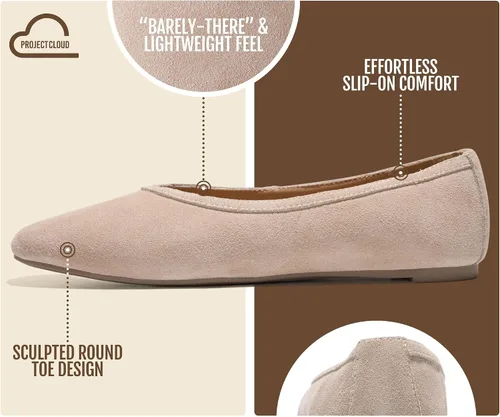 Vista 3 de Project Cloud 100% Cuero Genuino Ballet Flats para Mujer - Zapatos de Mujer Beige Suede