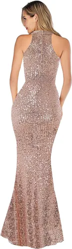 Vista 3 de A ARFAR Vestido de fiesta de noche para mujer, vestido sin mangas con lentejuelas, cuello halter, vestido largo formal, vestidos de fiesta
